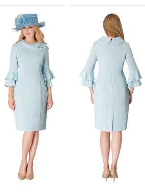 Giovanna Cowl Neck 3/4 Ruffled Sleeve Dress w/ Brooch Ice Blue Size 16W